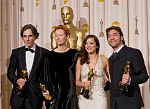 Daniel Day-Lewis, Tilda Swinton, Marion Cotillard, and Javier Bardem, the winners of Best Actor, Best Supporting Actress, Best Actress, and Best Supporting Actor, backstage during the 80th Annual Academy Awards at the Kodak Theatre in Hollywood, CA on Sunday, February 24, 2008.